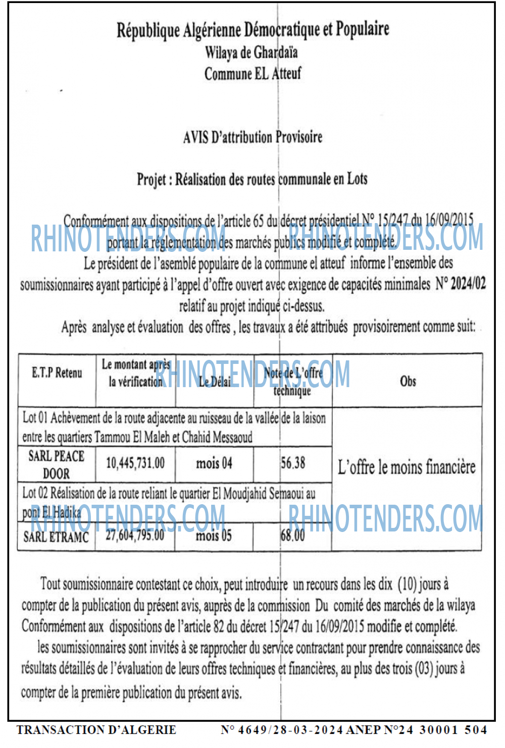 TRANSACTION D'ALGERIE