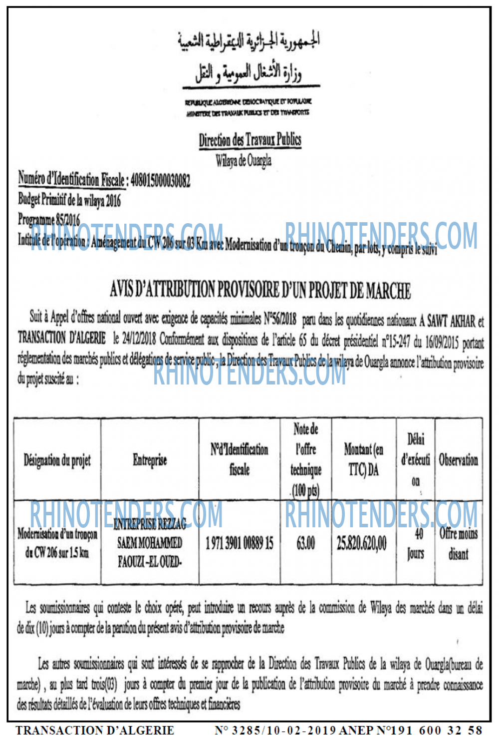 TRANSACTION D'ALGERIE