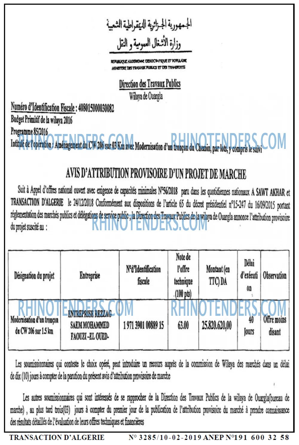 TRANSACTION D'ALGERIE