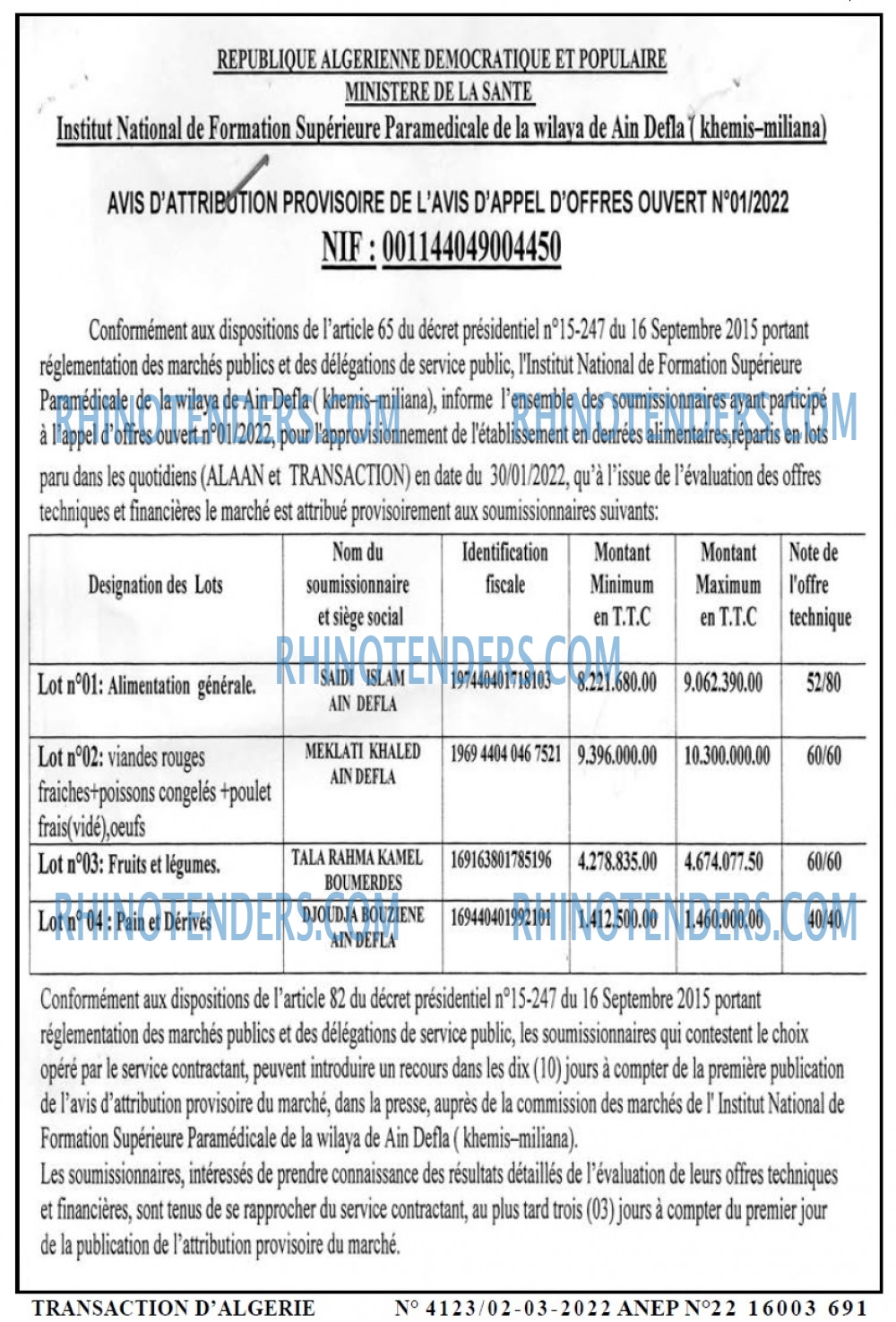 TRANSACTION D'ALGERIE