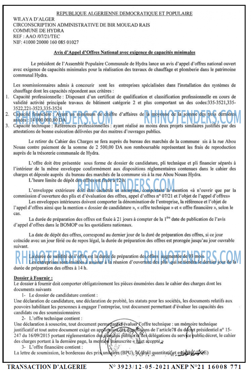 TRANSACTION D'ALGERIE