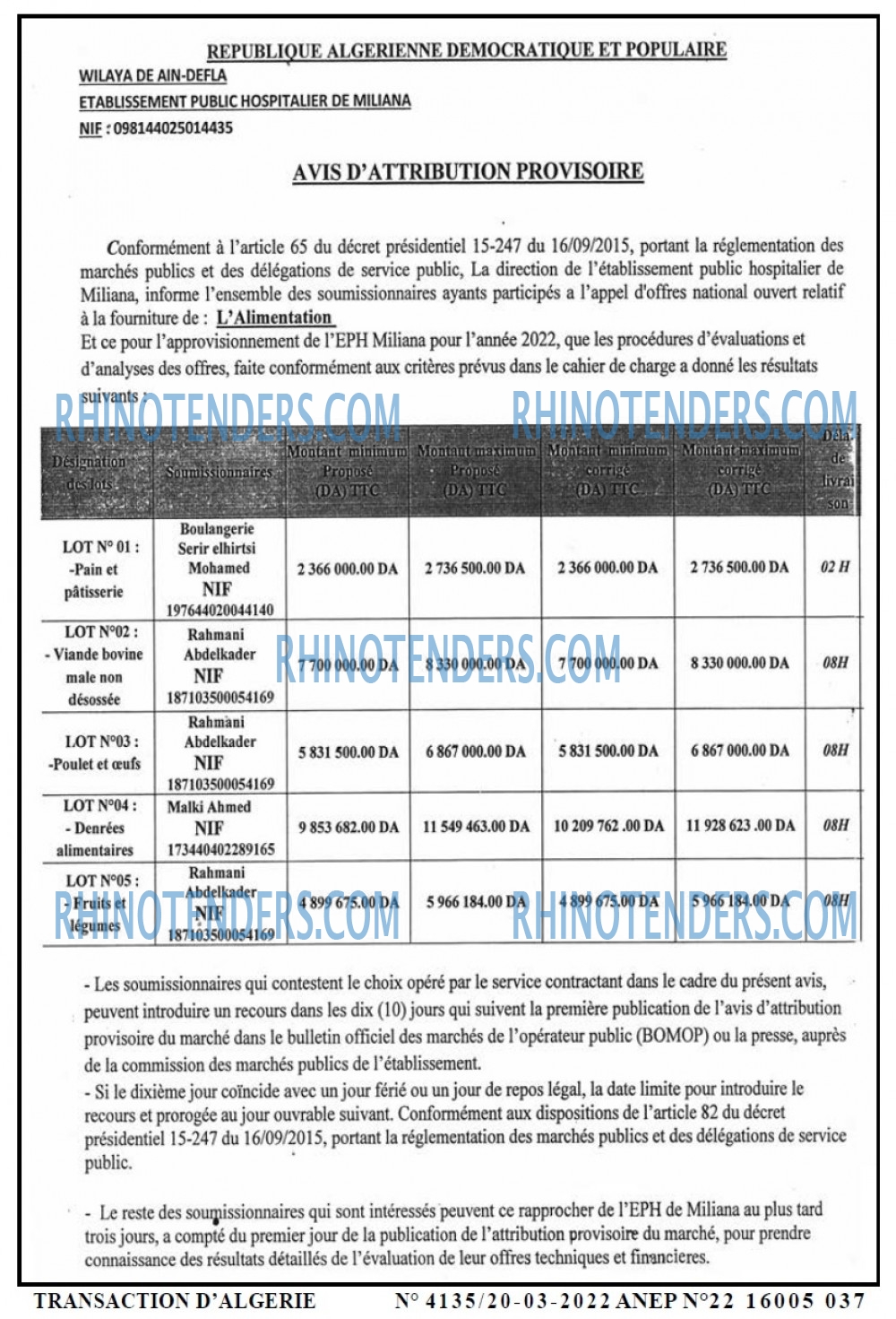 TRANSACTION D'ALGERIE