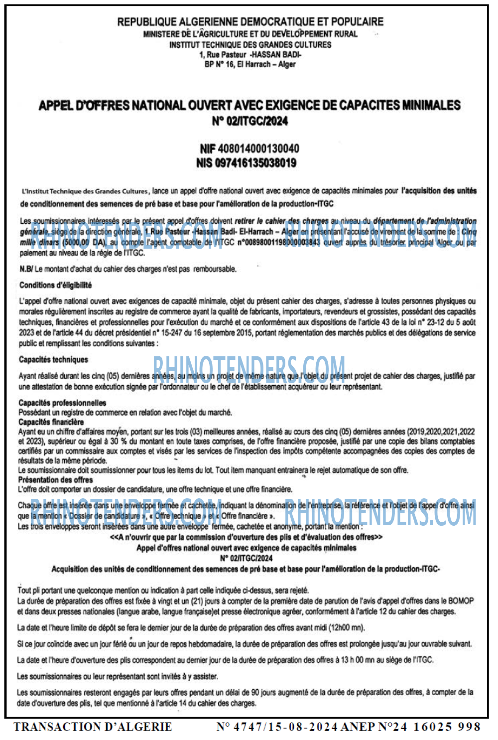 TRANSACTION D'ALGERIE
