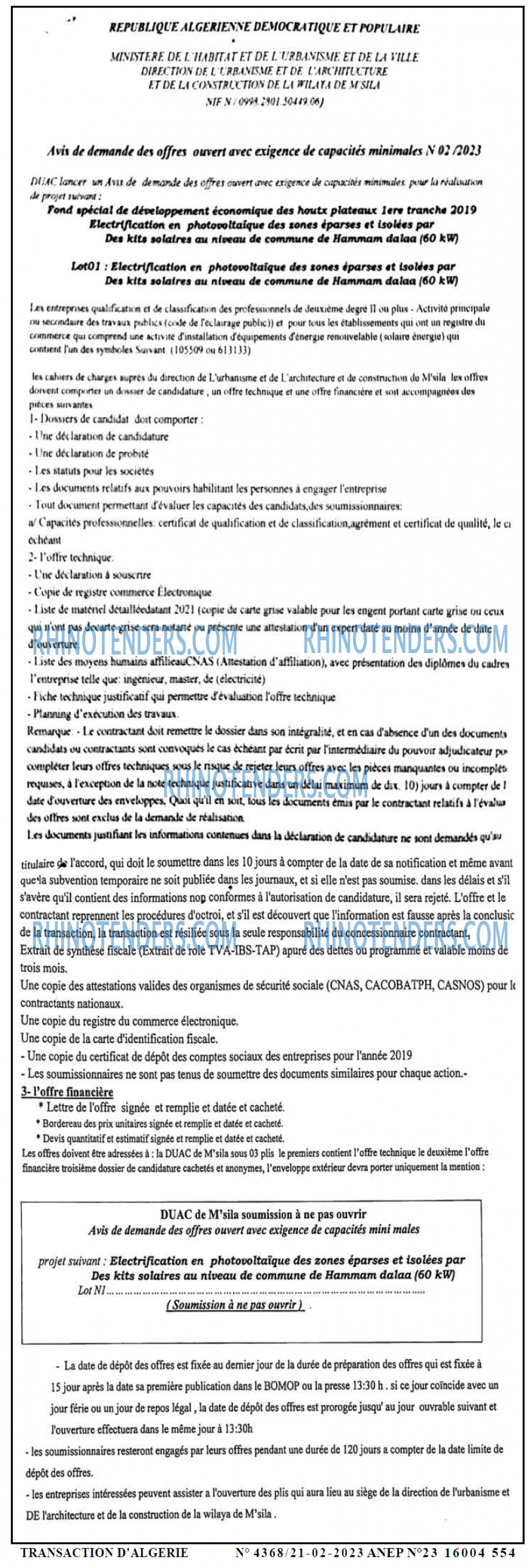 TRANSACTION D'ALGERIE