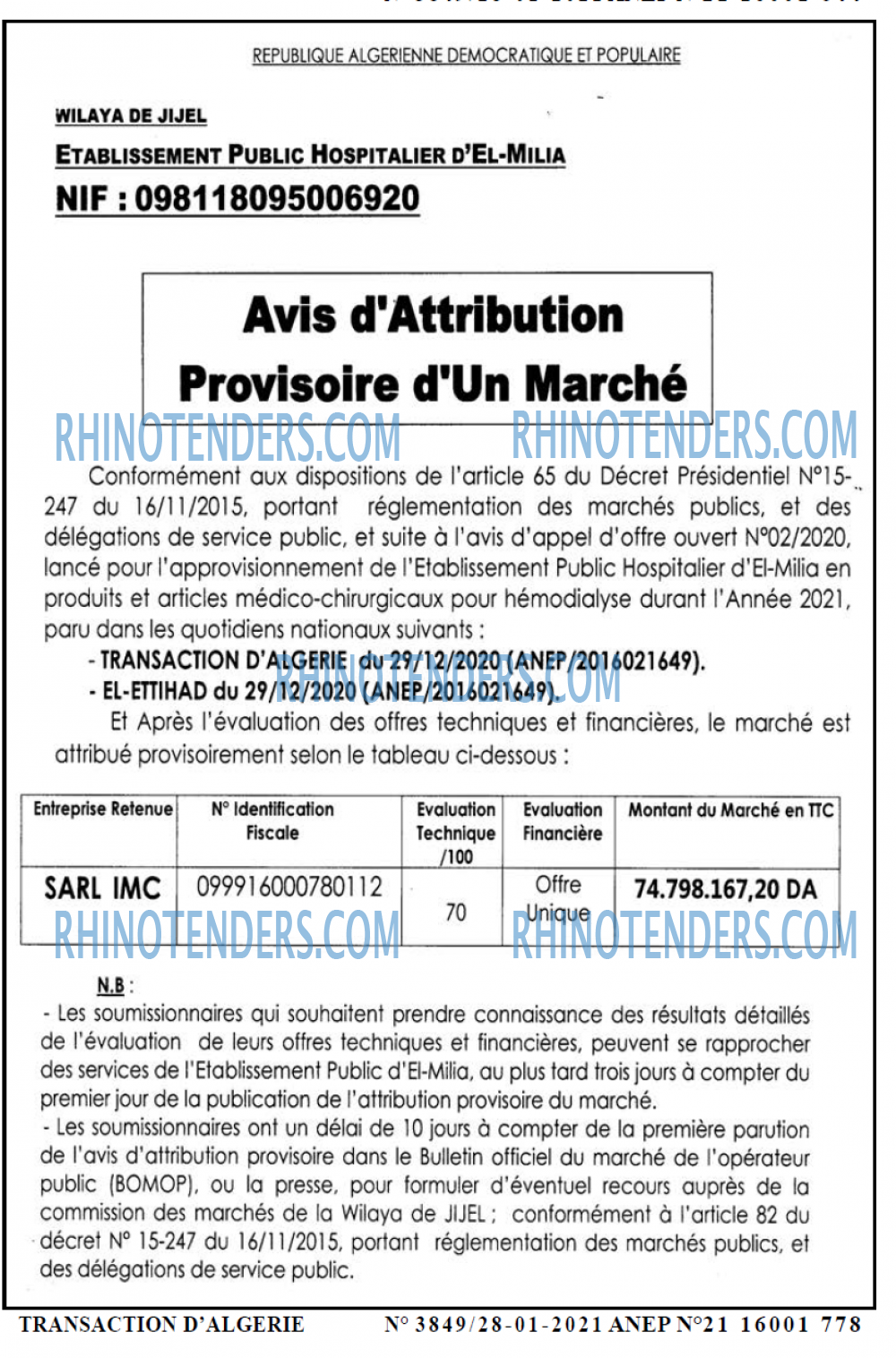TRANSACTION D'ALGERIE