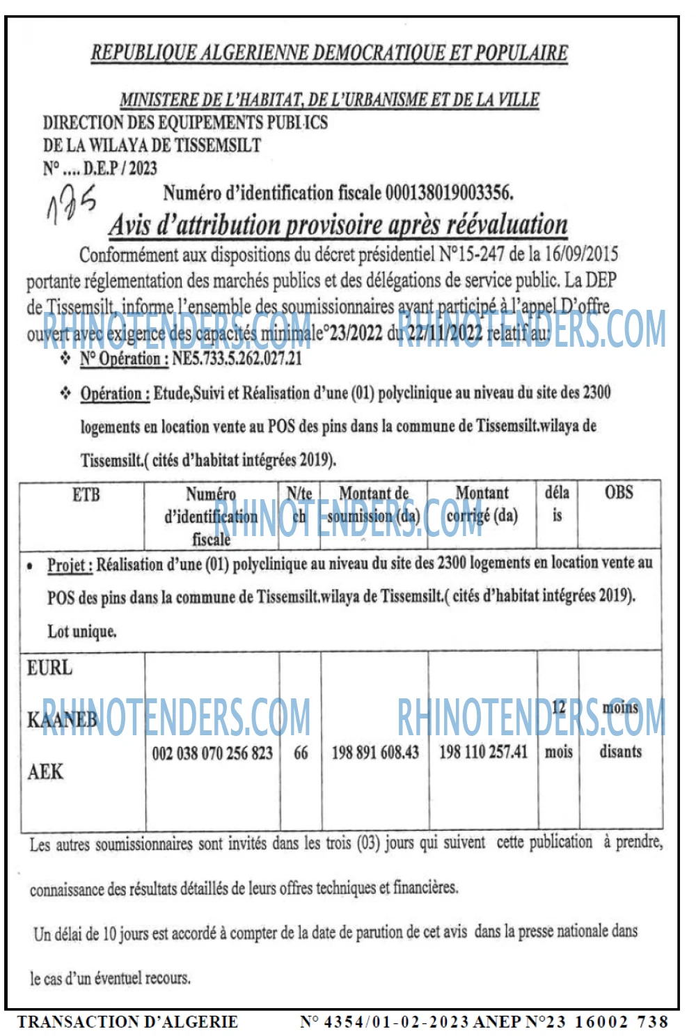 TRANSACTION D'ALGERIE