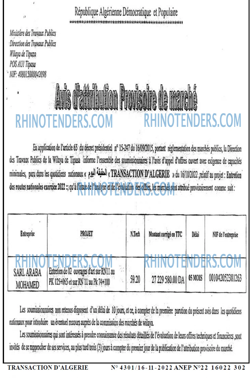 TRANSACTION D'ALGERIE