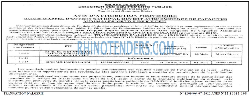 TRANSACTION D'ALGERIE