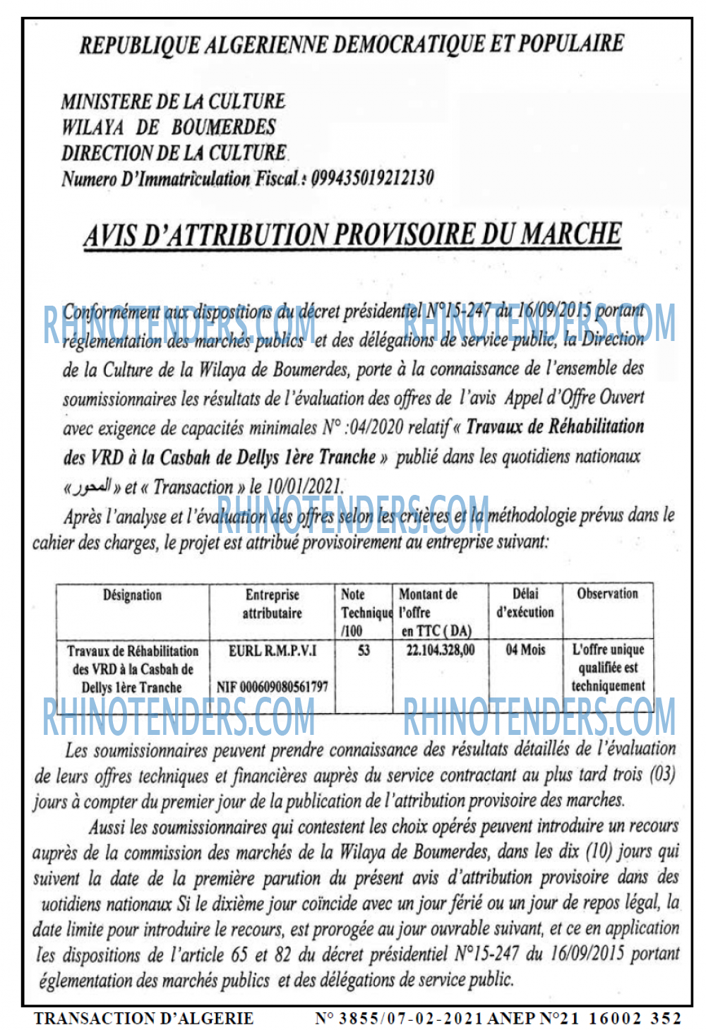 TRANSACTION D'ALGERIE