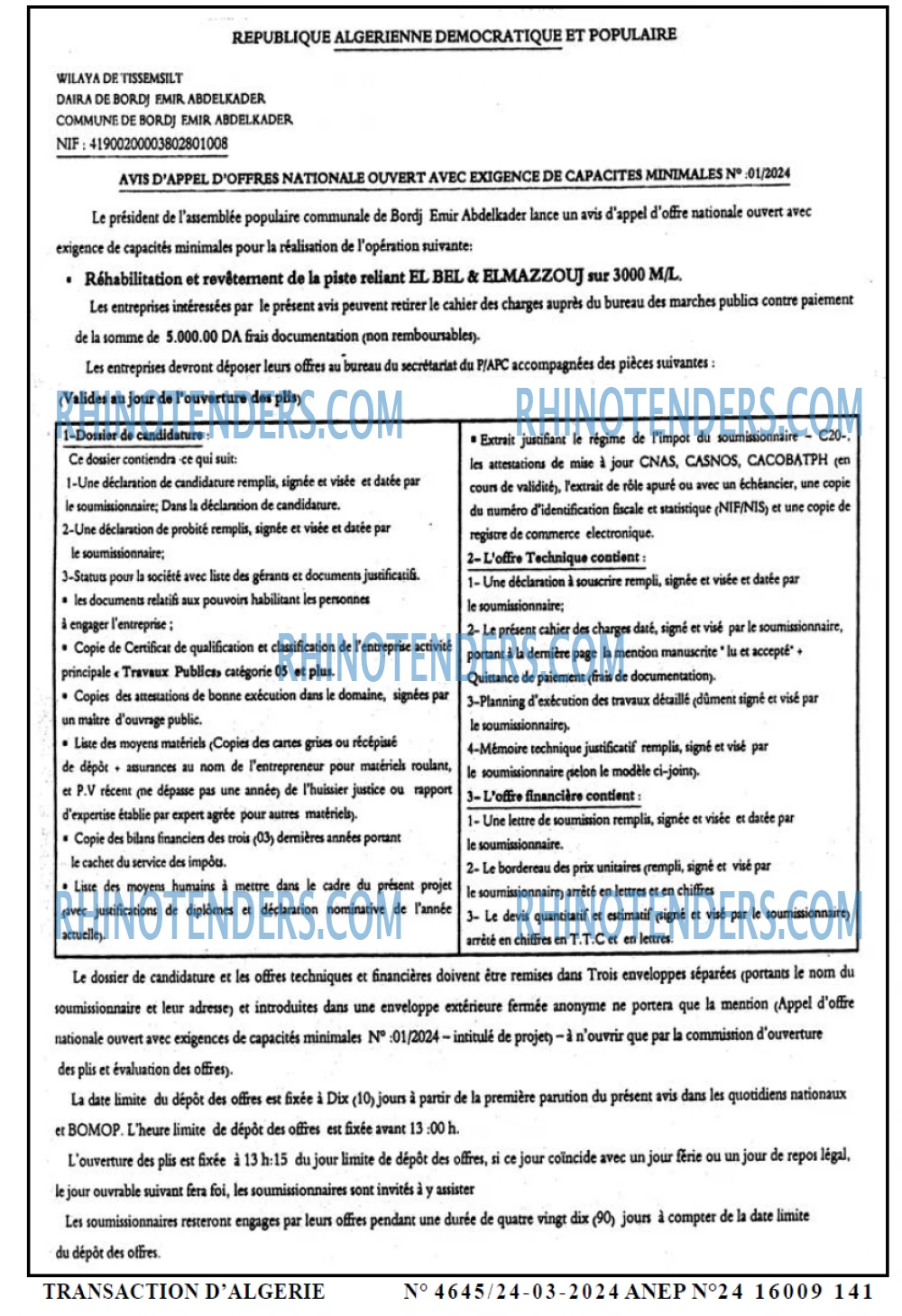 TRANSACTION D'ALGERIE