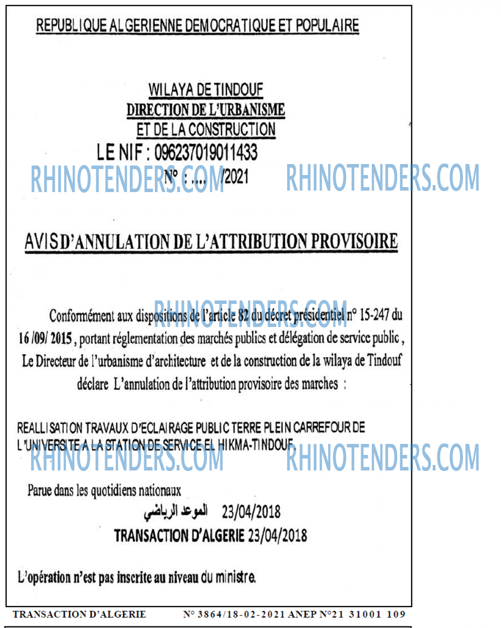 TRANSACTION D'ALGERIE