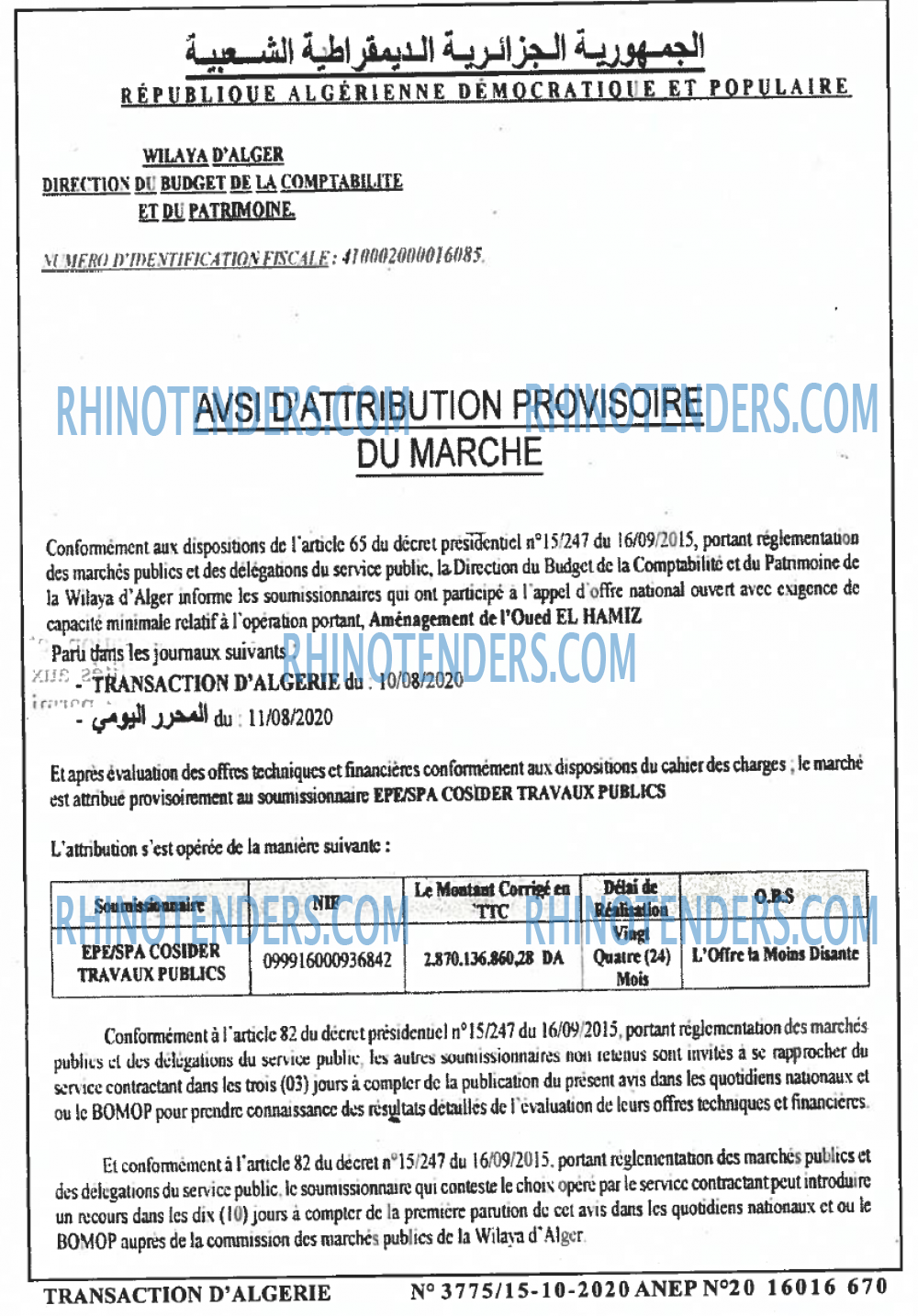 TRANSACTION D'ALGERIE
