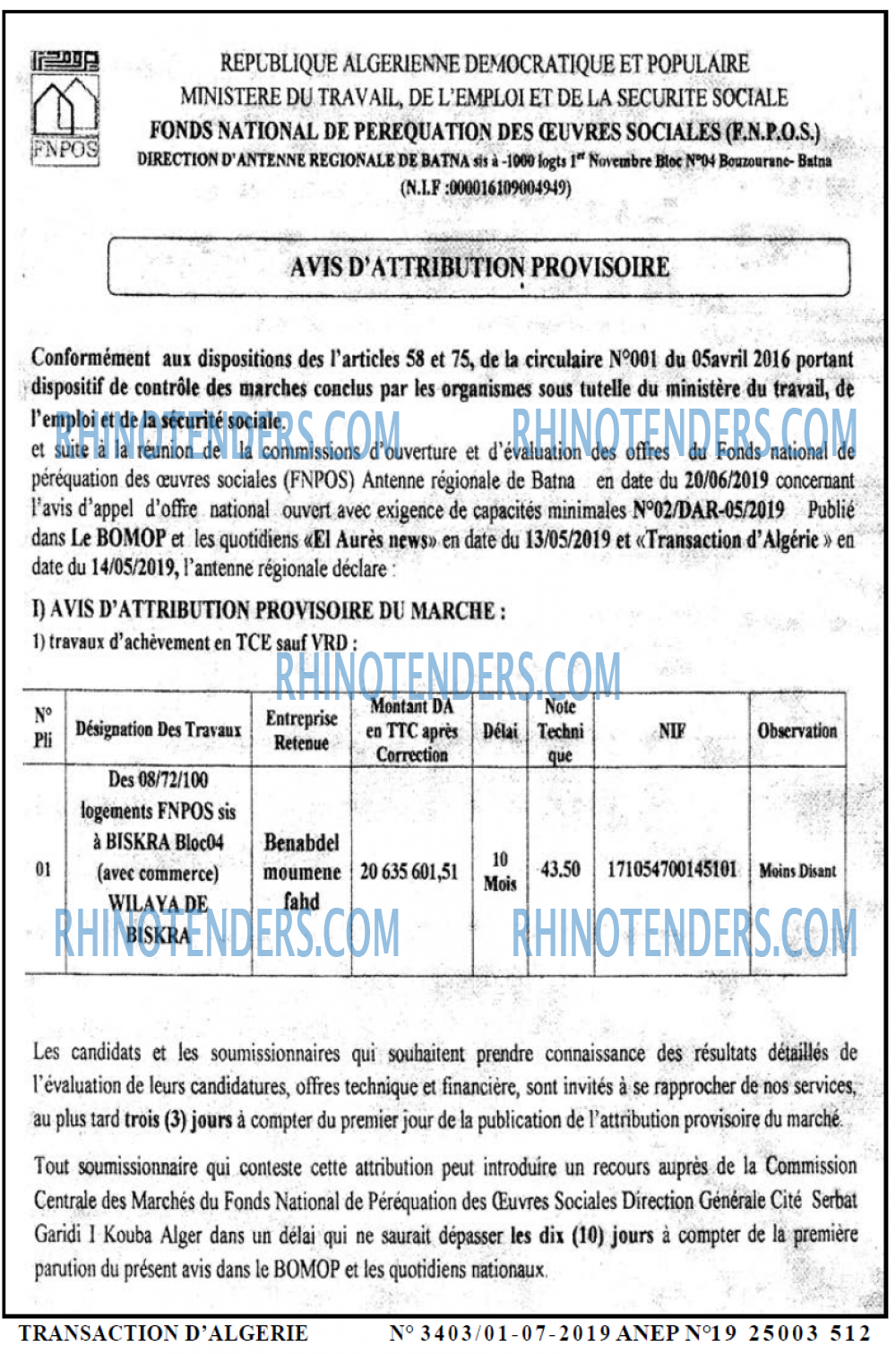 TRANSACTION D'ALGERIE