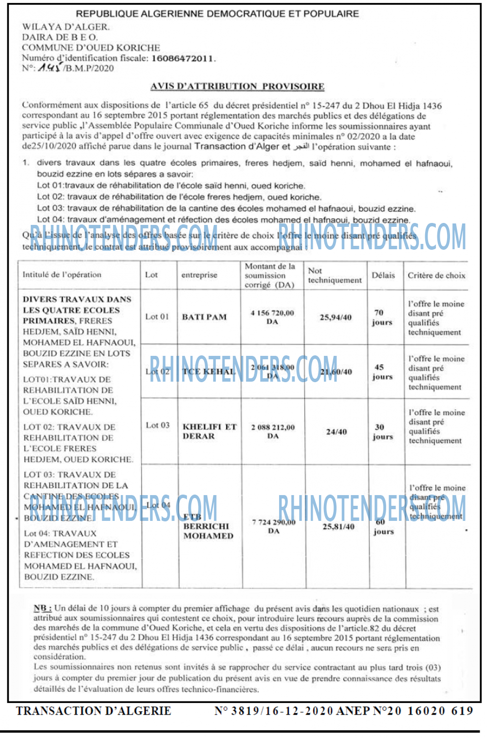 TRANSACTION D'ALGERIE