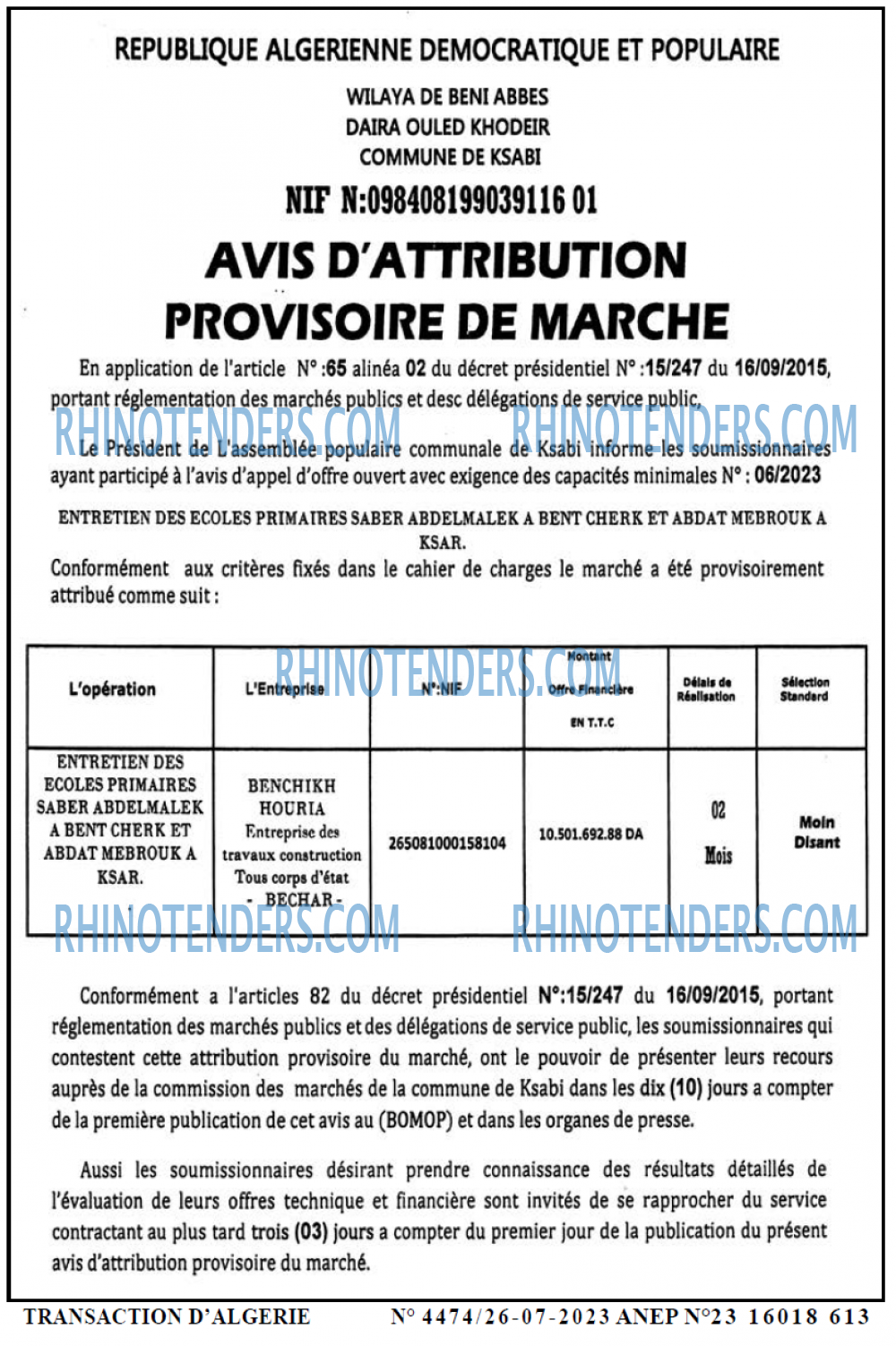 TRANSACTION D'ALGERIE