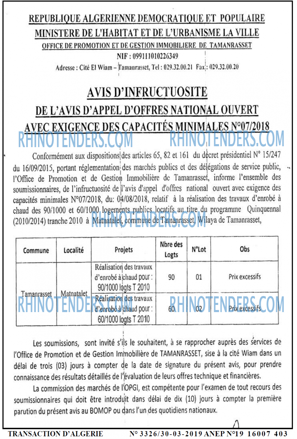 TRANSACTION D'ALGERIE