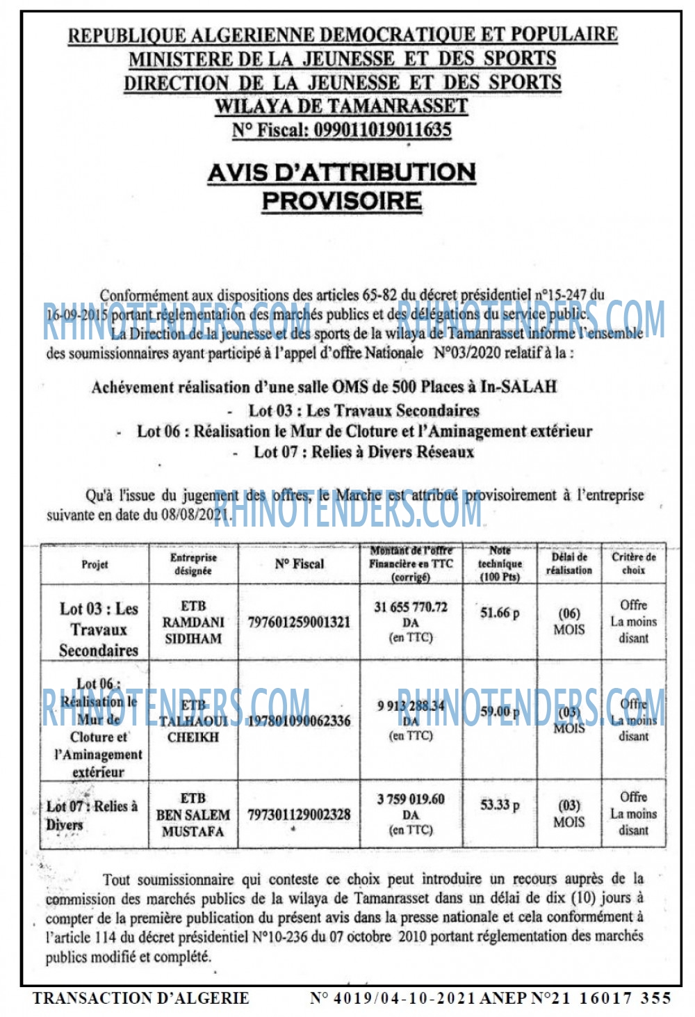 TRANSACTION D'ALGERIE