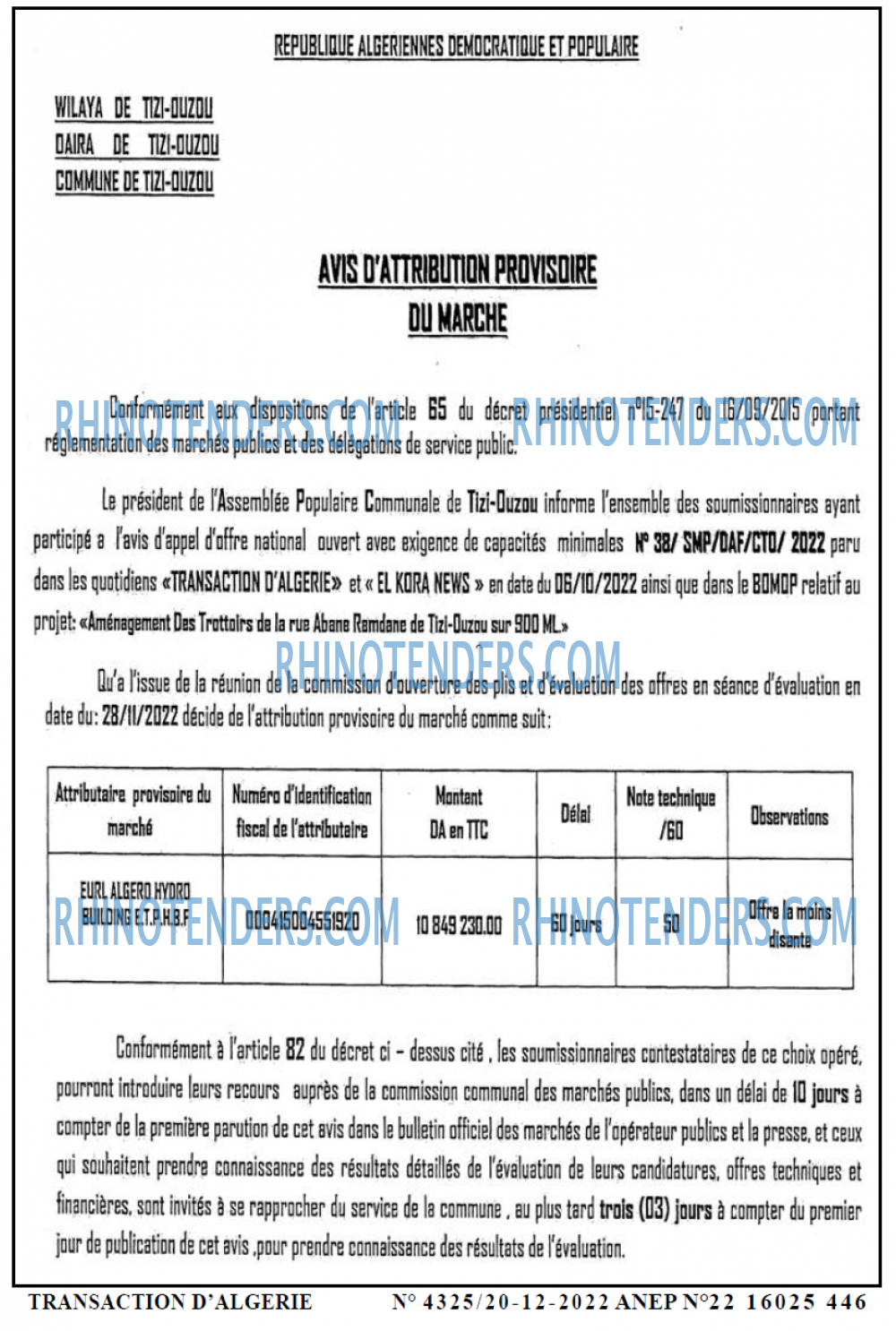 TRANSACTION D'ALGERIE
