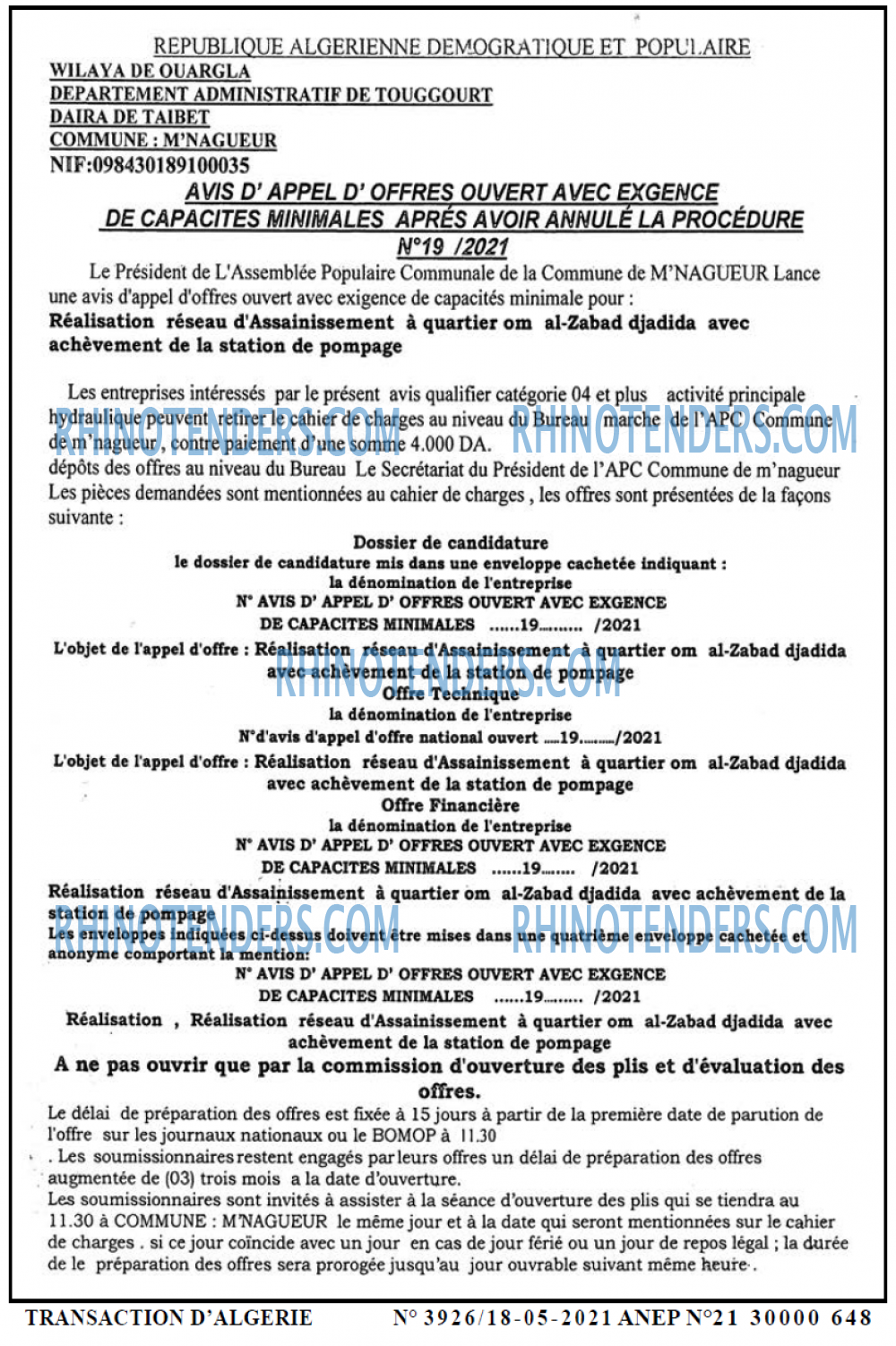 TRANSACTION D'ALGERIE