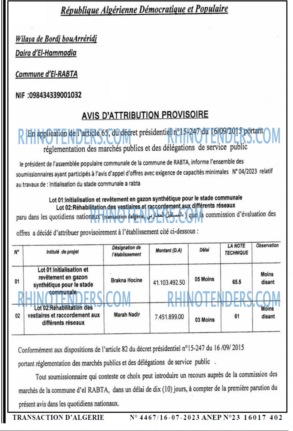 TRANSACTION D'ALGERIE