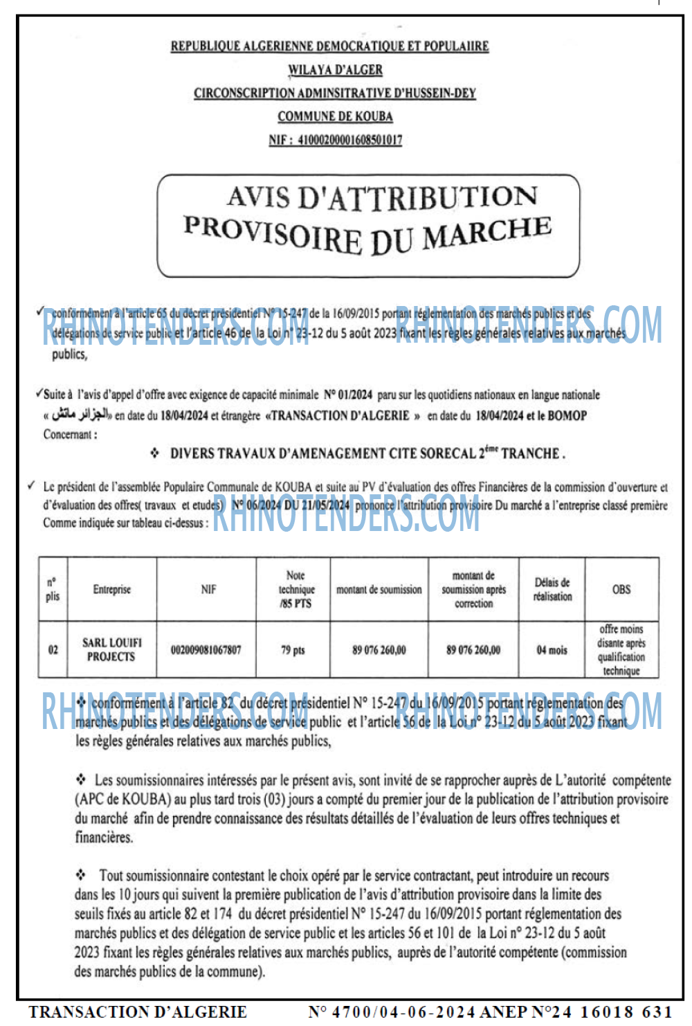 TRANSACTION D'ALGERIE