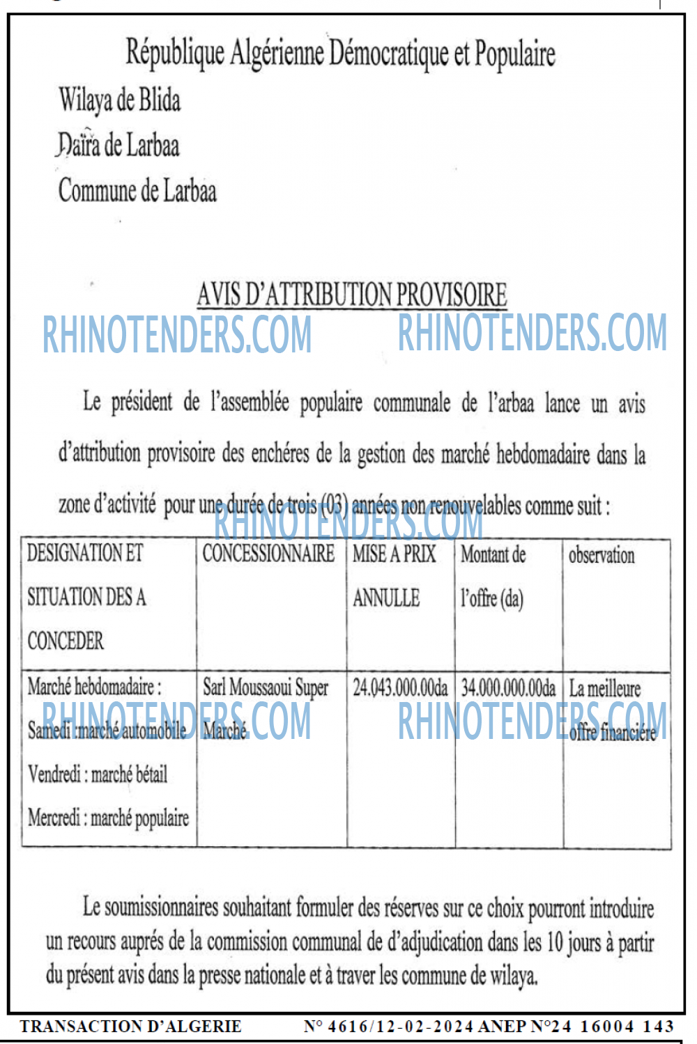 TRANSACTION D'ALGERIE