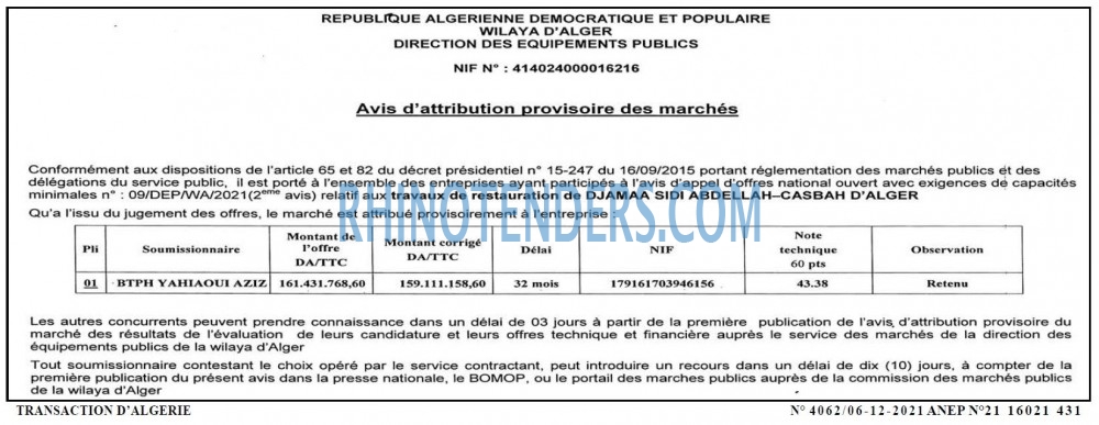 TRANSACTION D'ALGERIE