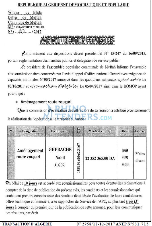 TRANSACTION D'ALGERIE