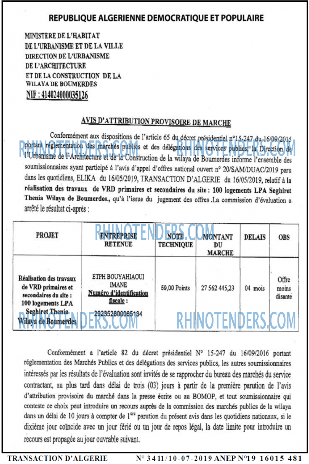 TRANSACTION D'ALGERIE