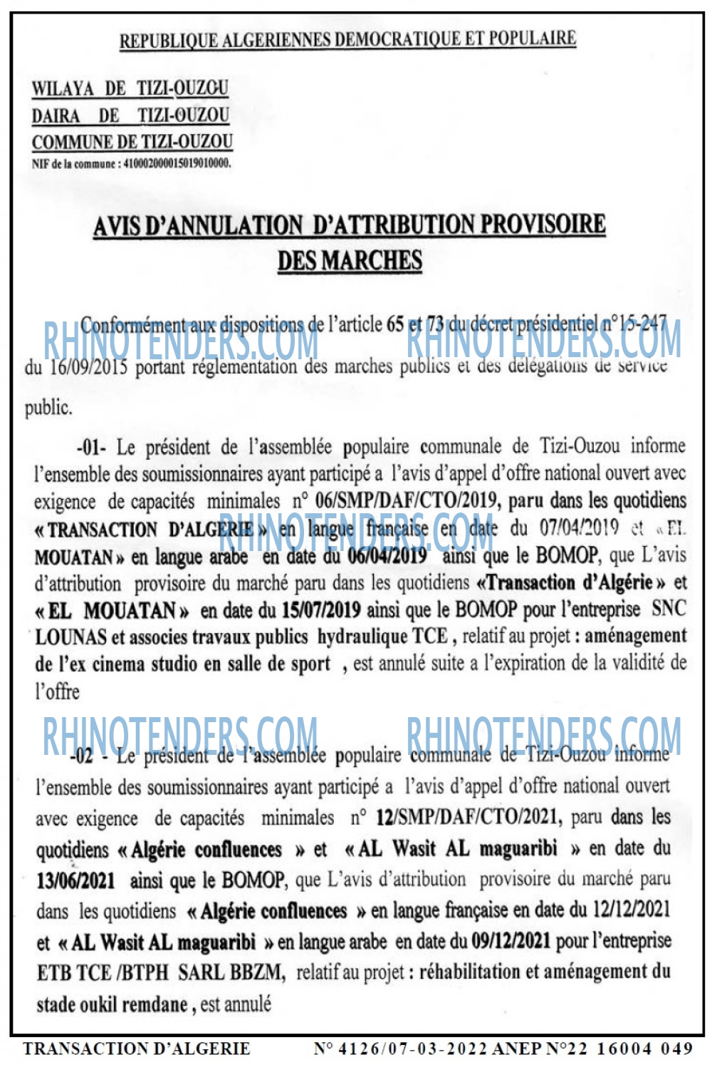 TRANSACTION D'ALGERIE