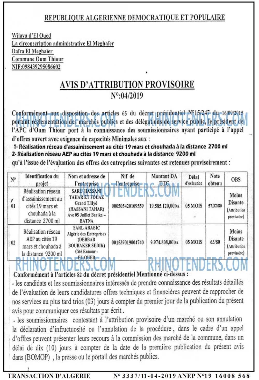 TRANSACTION D'ALGERIE