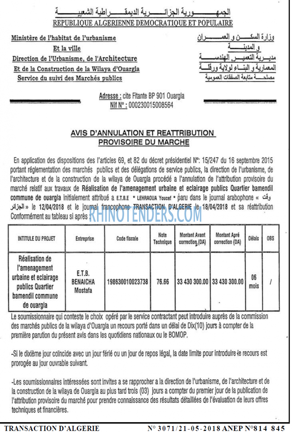 TRANSACTION D'ALGERIE