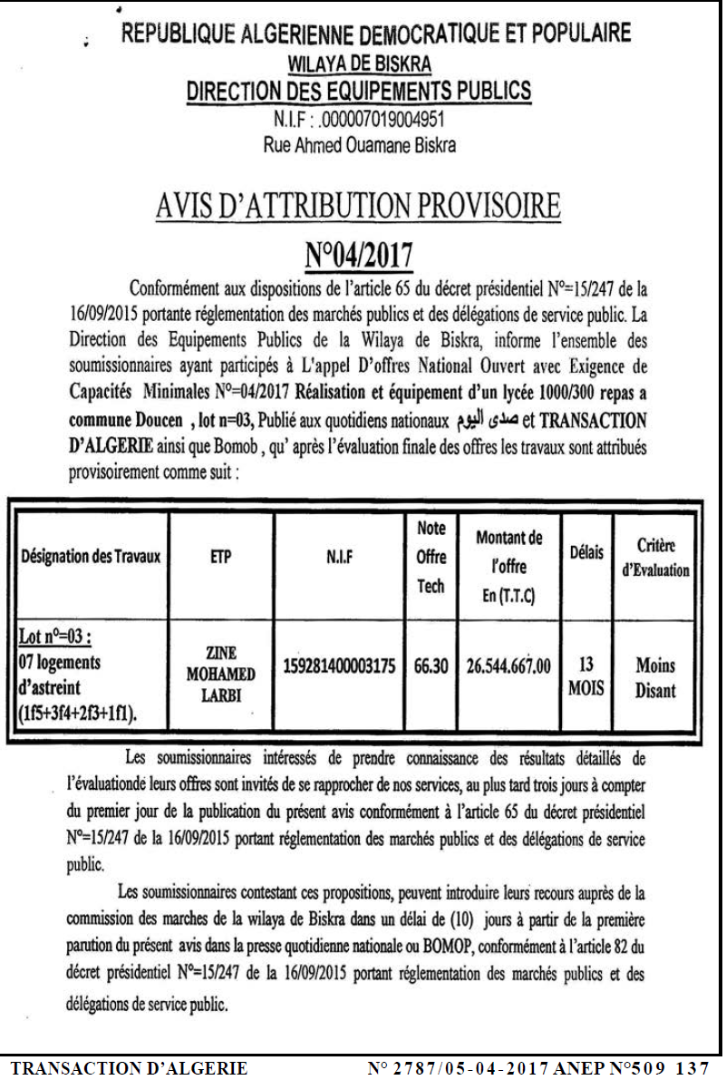 TRANSACTION D'ALGERIE
