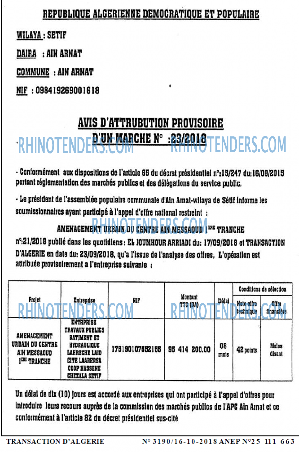 TRANSACTION D'ALGERIE