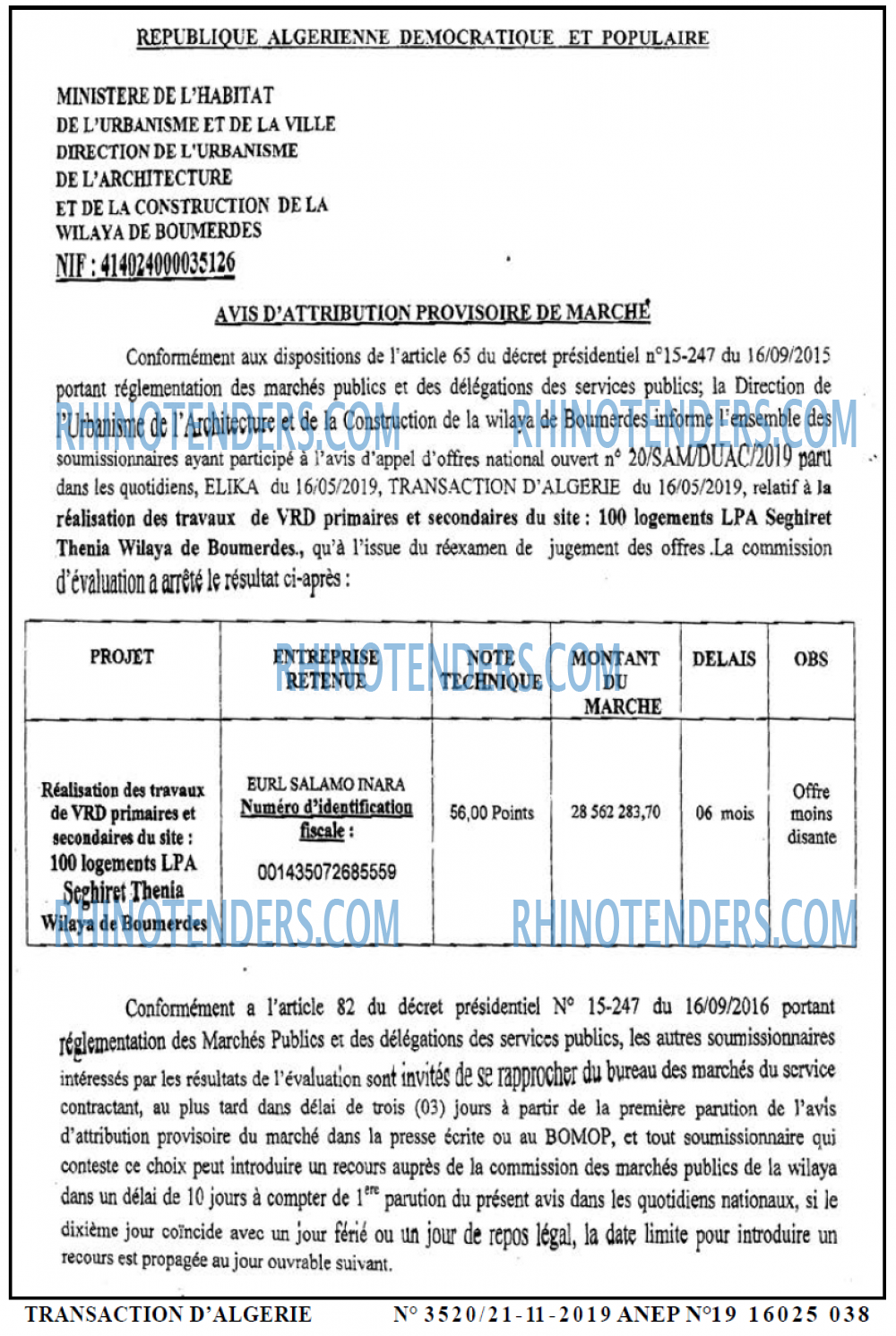 TRANSACTION D'ALGERIE