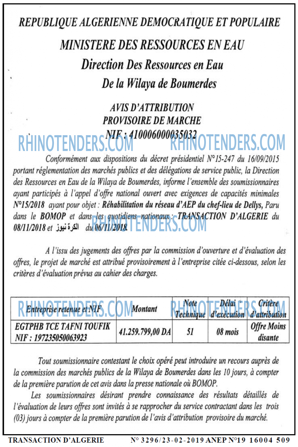 TRANSACTION D'ALGERIE