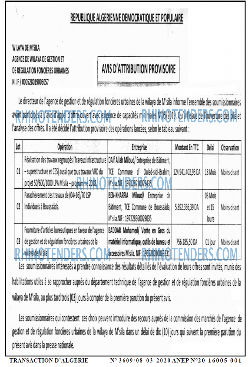 TRANSACTION D'ALGERIE