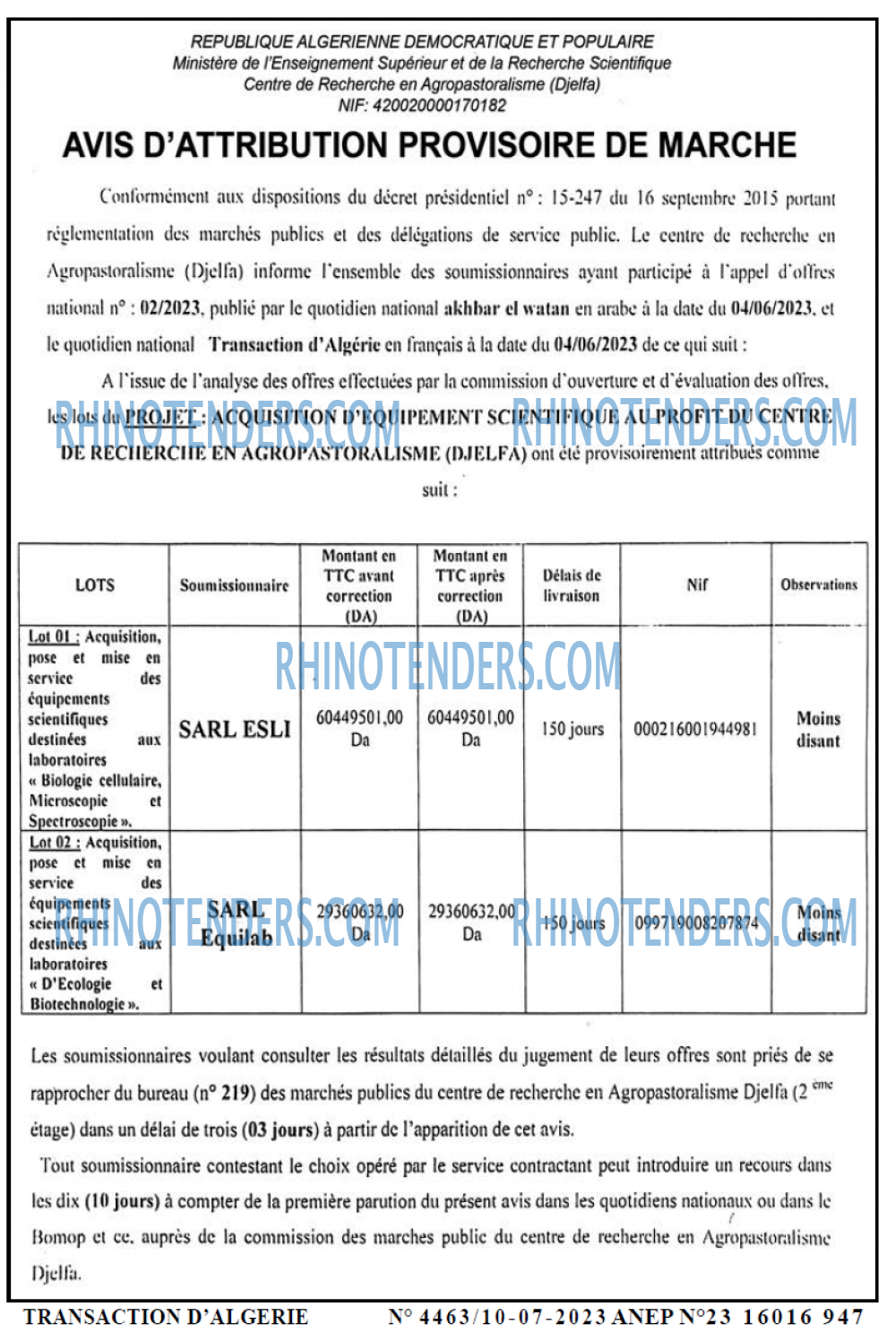 TRANSACTION D'ALGERIE