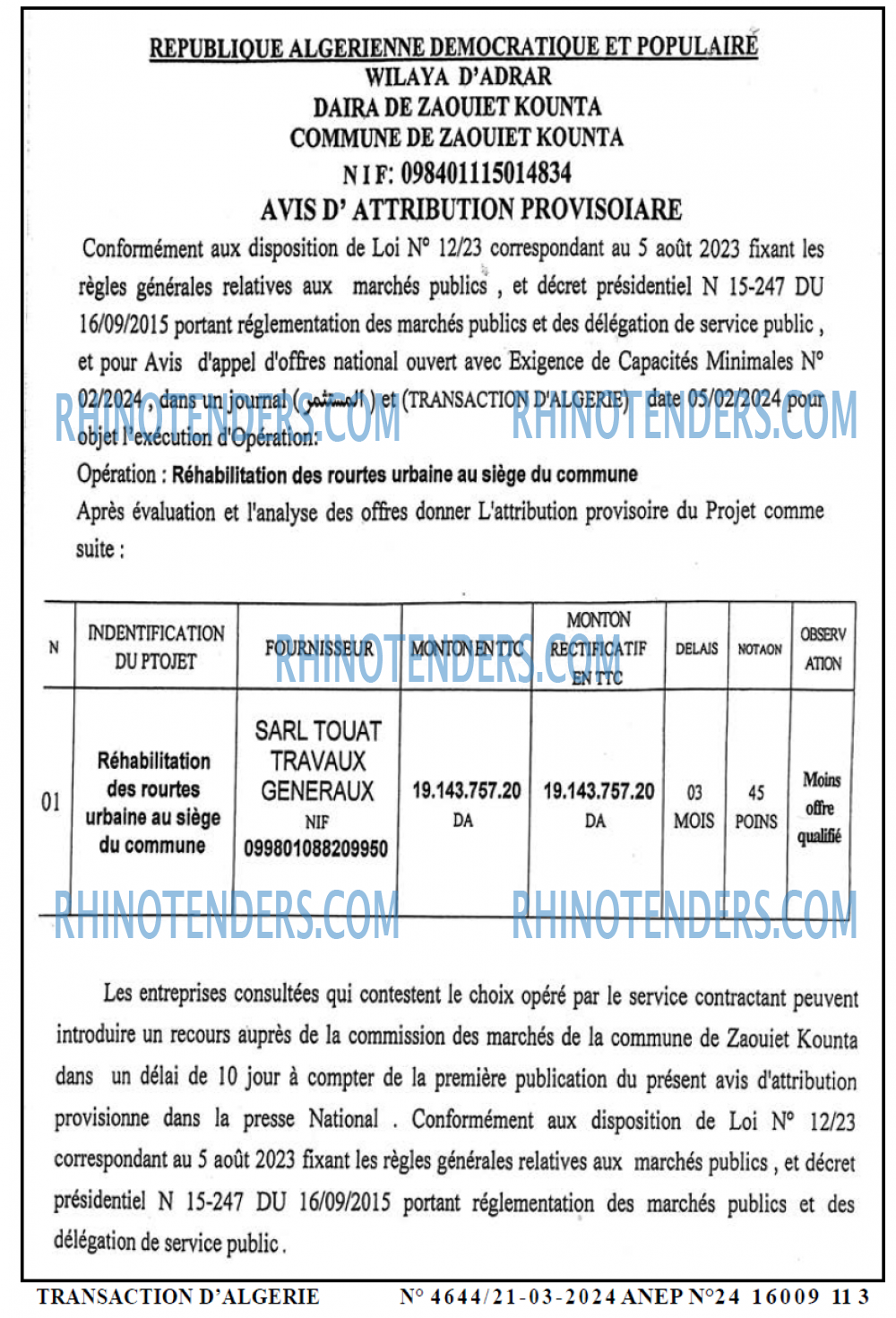 TRANSACTION D'ALGERIE