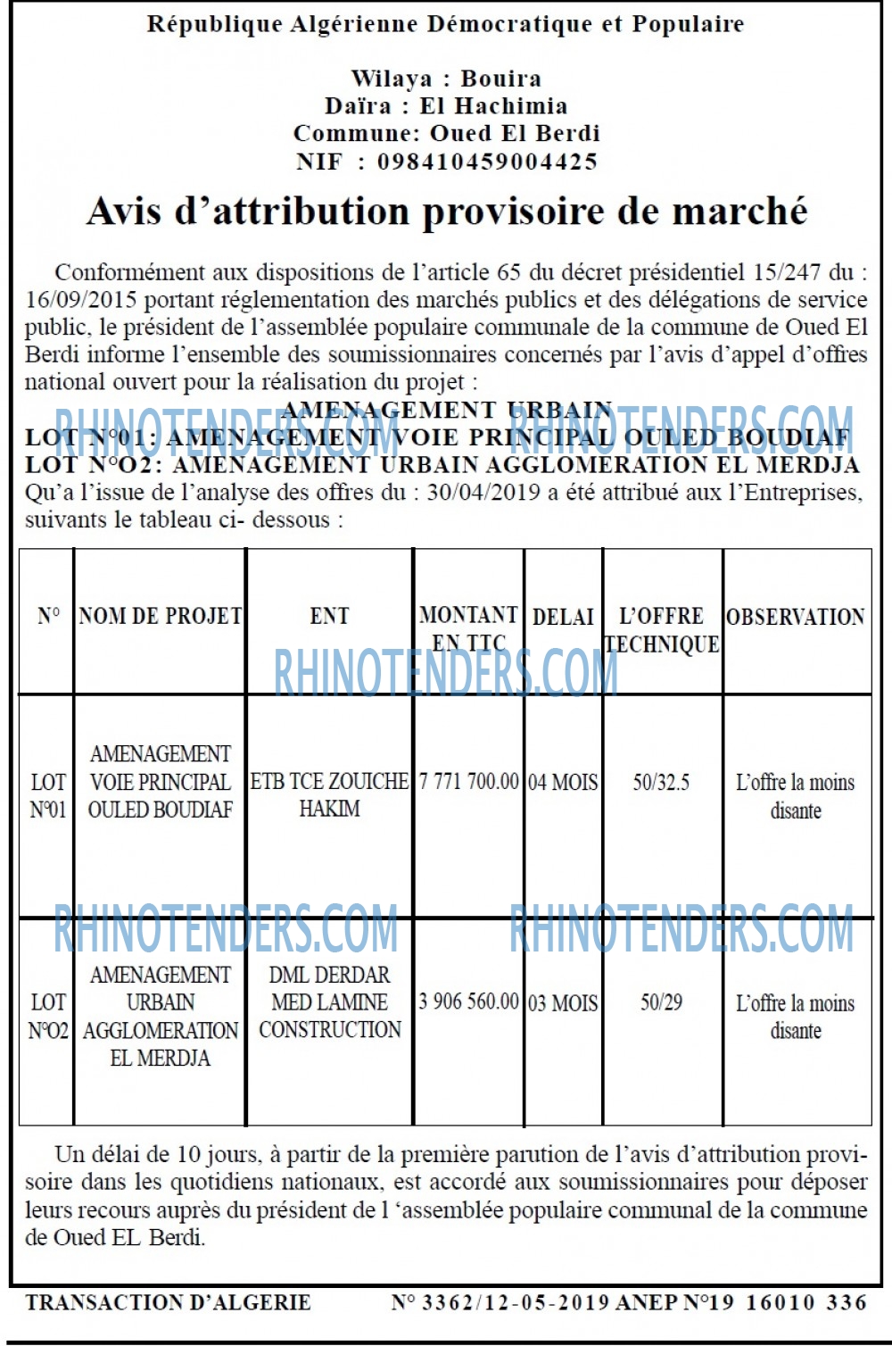TRANSACTION D'ALGERIE
