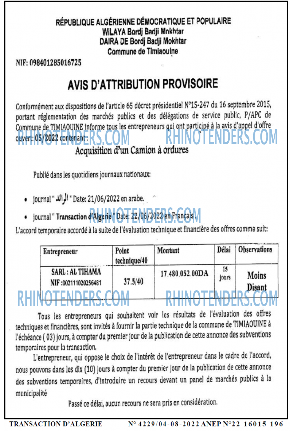 TRANSACTION D'ALGERIE