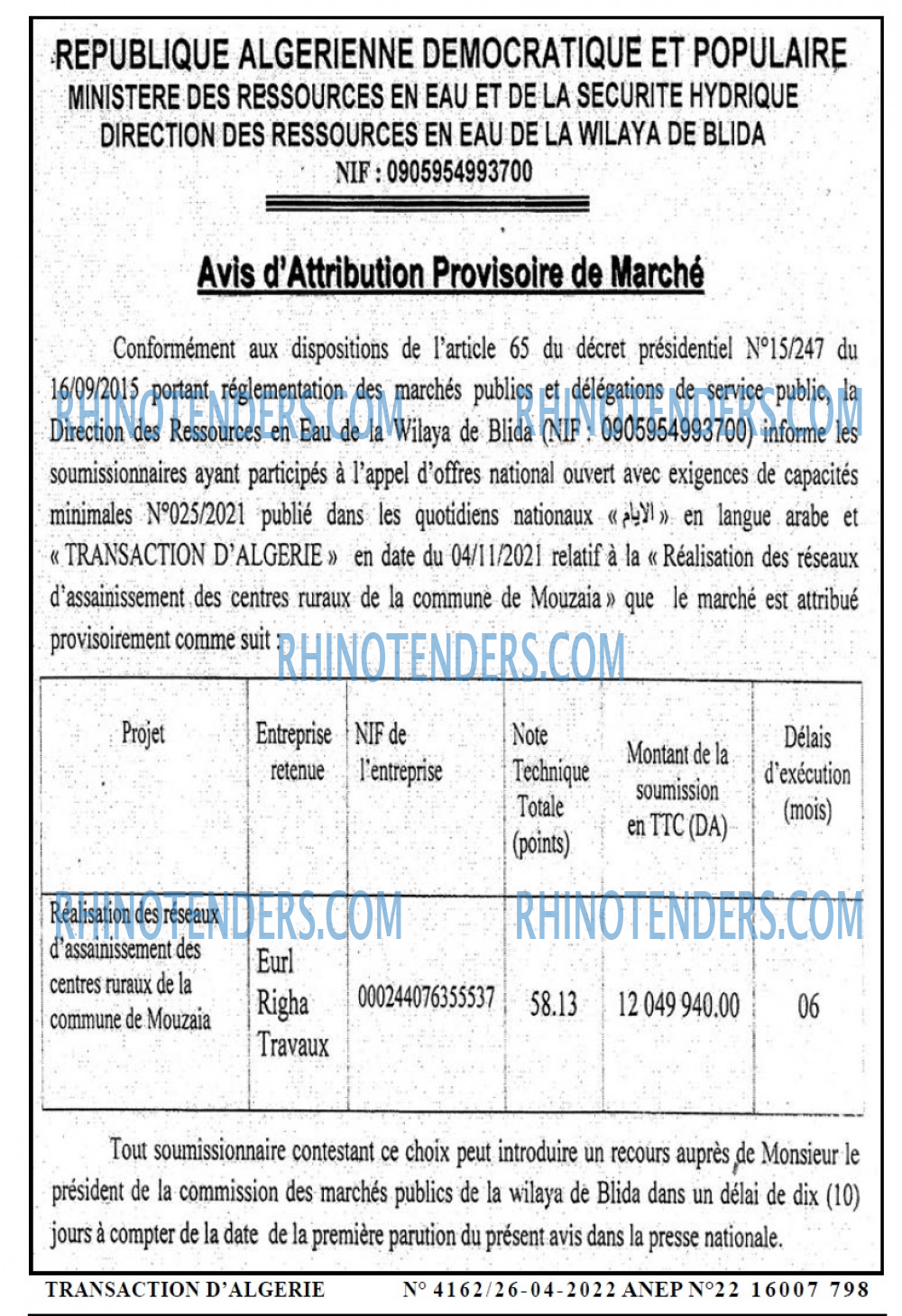 TRANSACTION D'ALGERIE