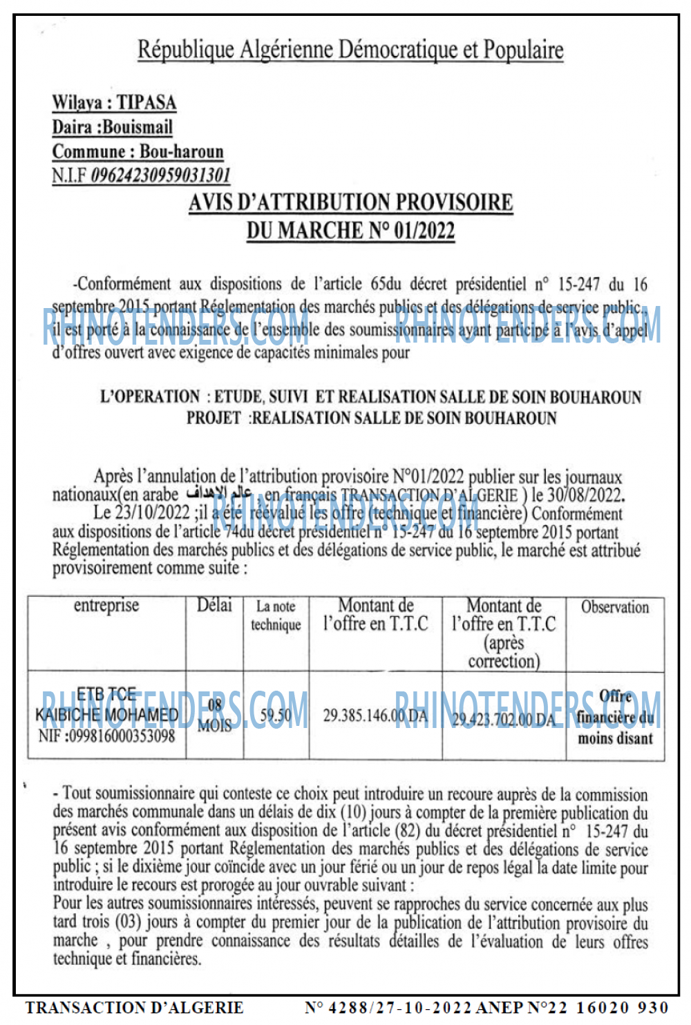 TRANSACTION D'ALGERIE