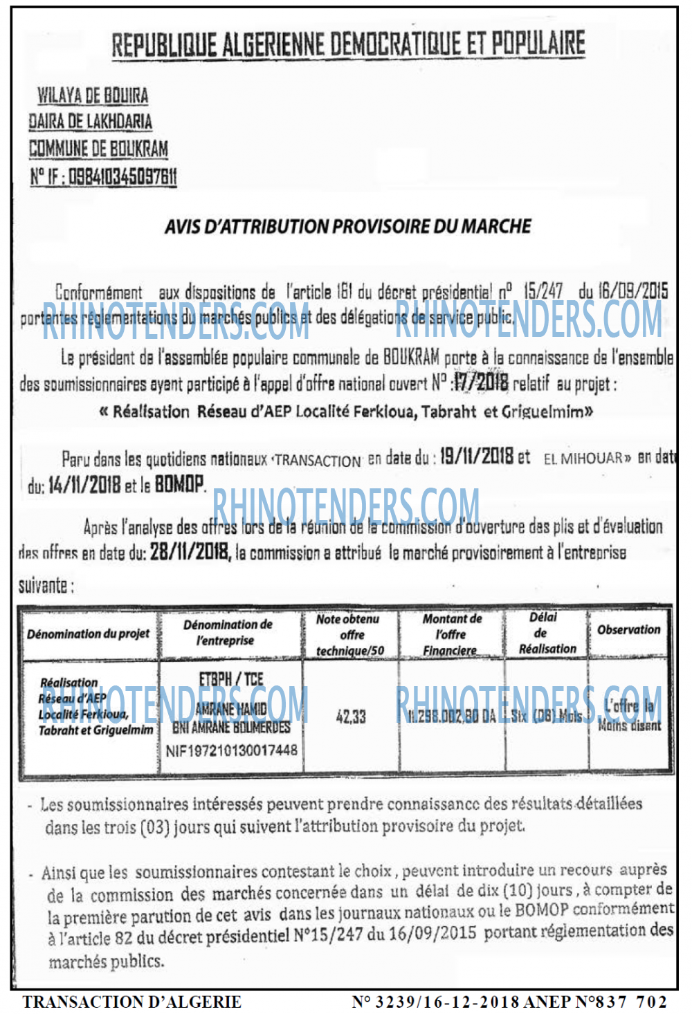 TRANSACTION D'ALGERIE