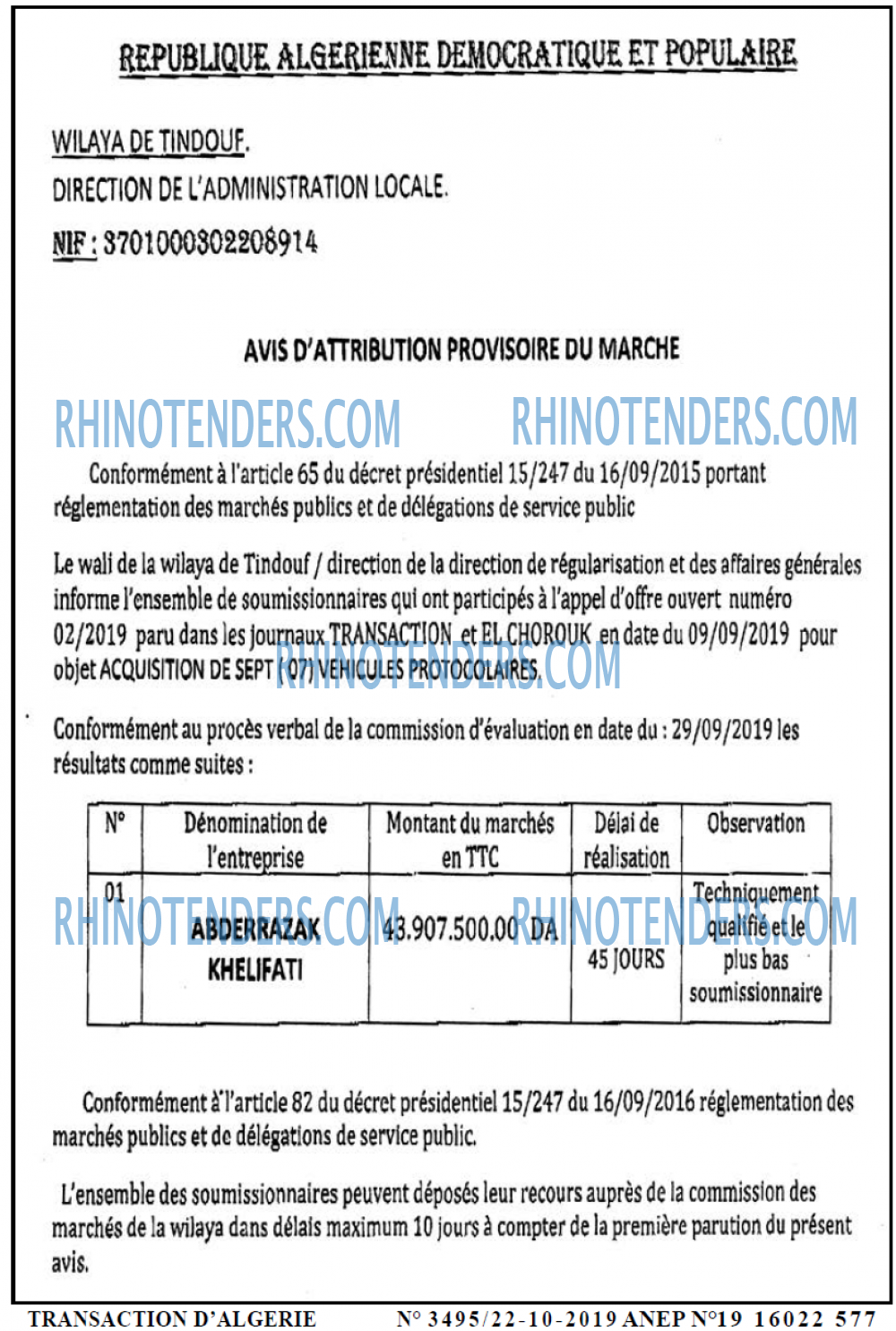 TRANSACTION D'ALGERIE