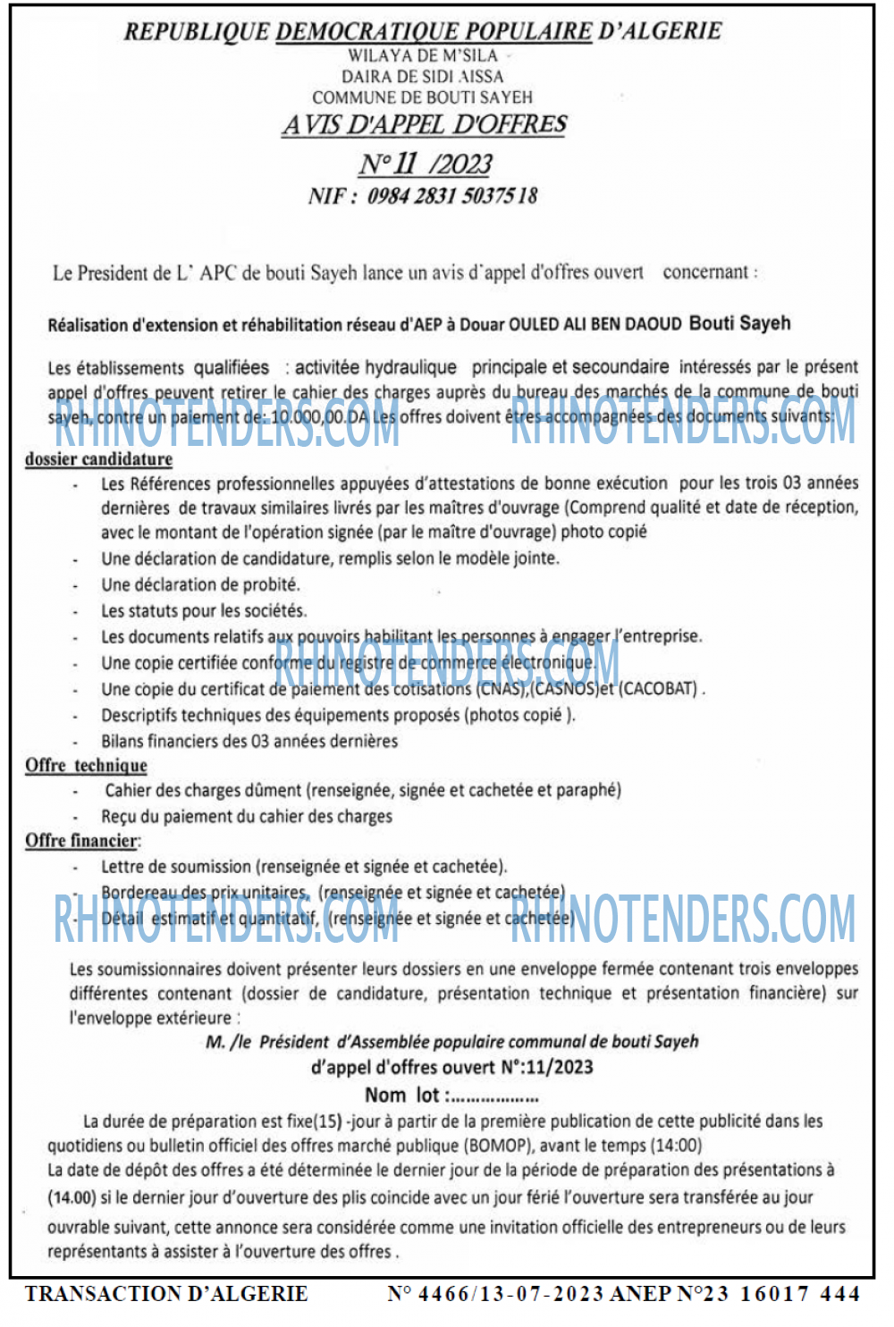 TRANSACTION D'ALGERIE