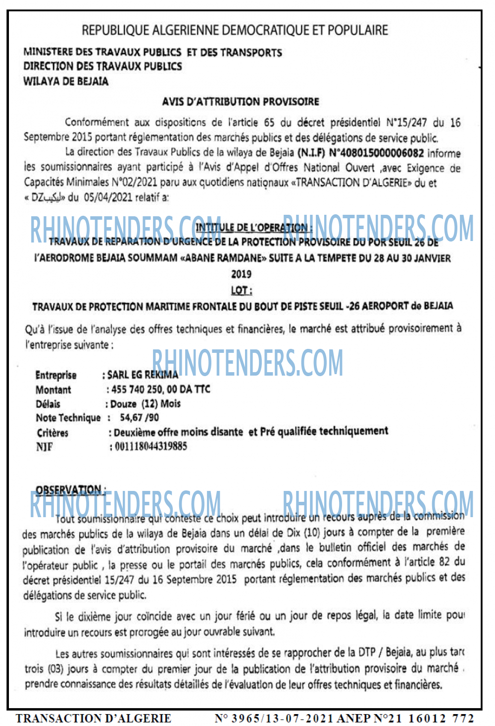 TRANSACTION D'ALGERIE