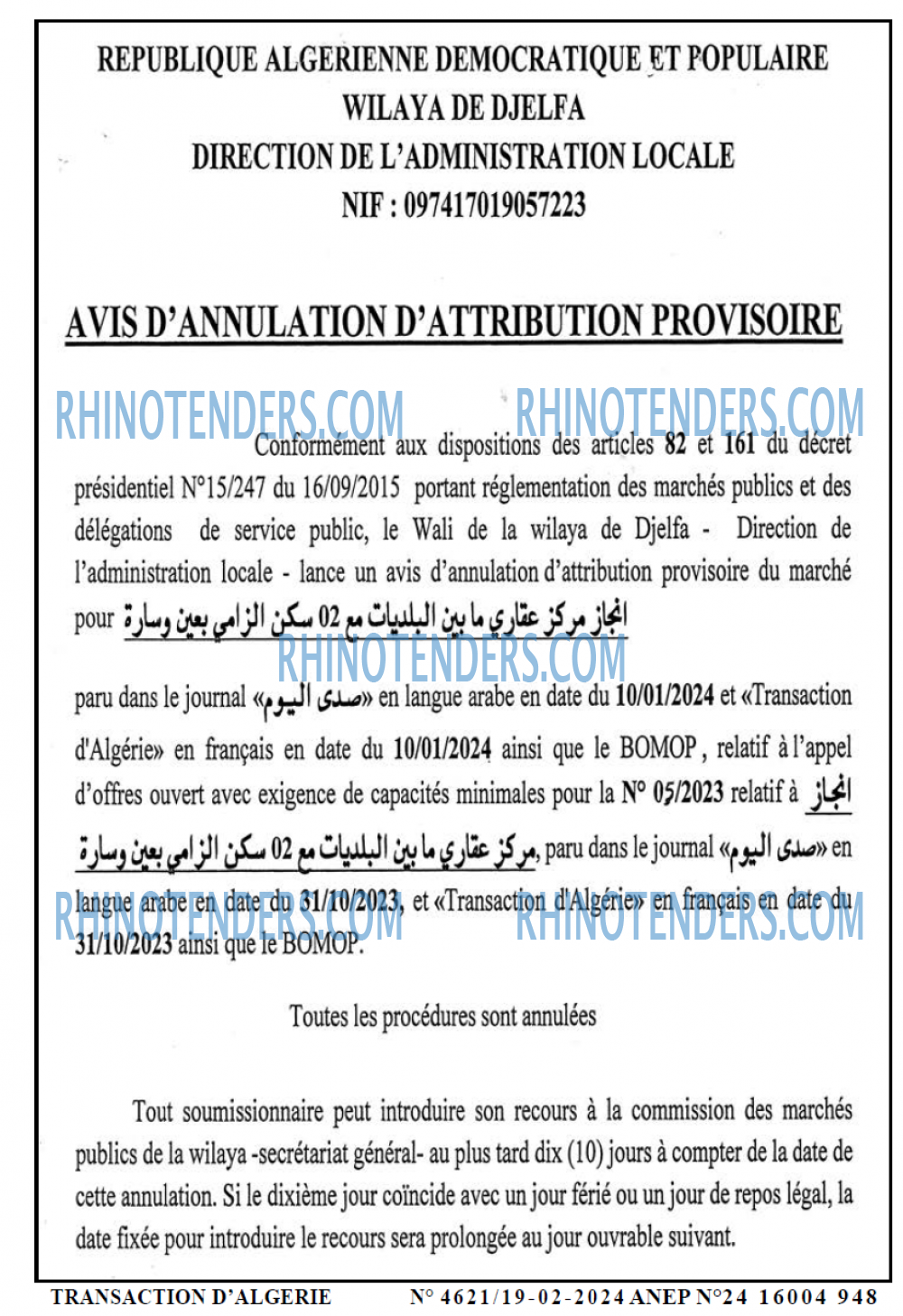TRANSACTION D'ALGERIE