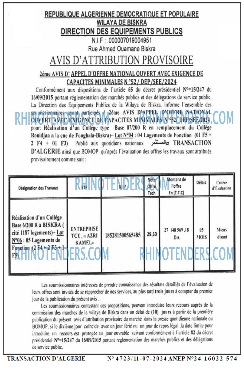 TRANSACTION D'ALGERIE
