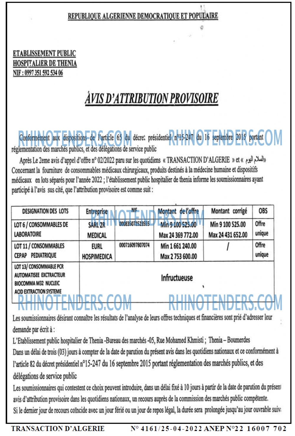 TRANSACTION D'ALGERIE